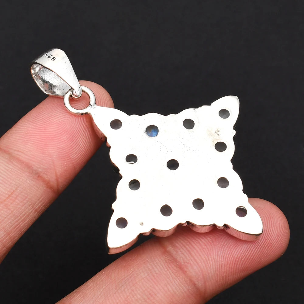 Blue Fire Moonstone Star Pendant – 60 mm Sterling Silver Amulet for Intuition, New Beginnings & Manifestation