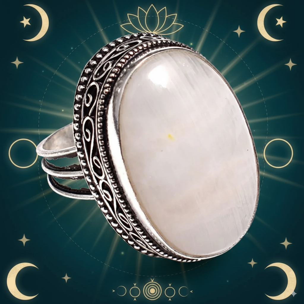 Rainbow Moonstone Manifestation Ring – Size 8 | 18×22 mm Natural Gemstone | 14.22 g Sterling Silver