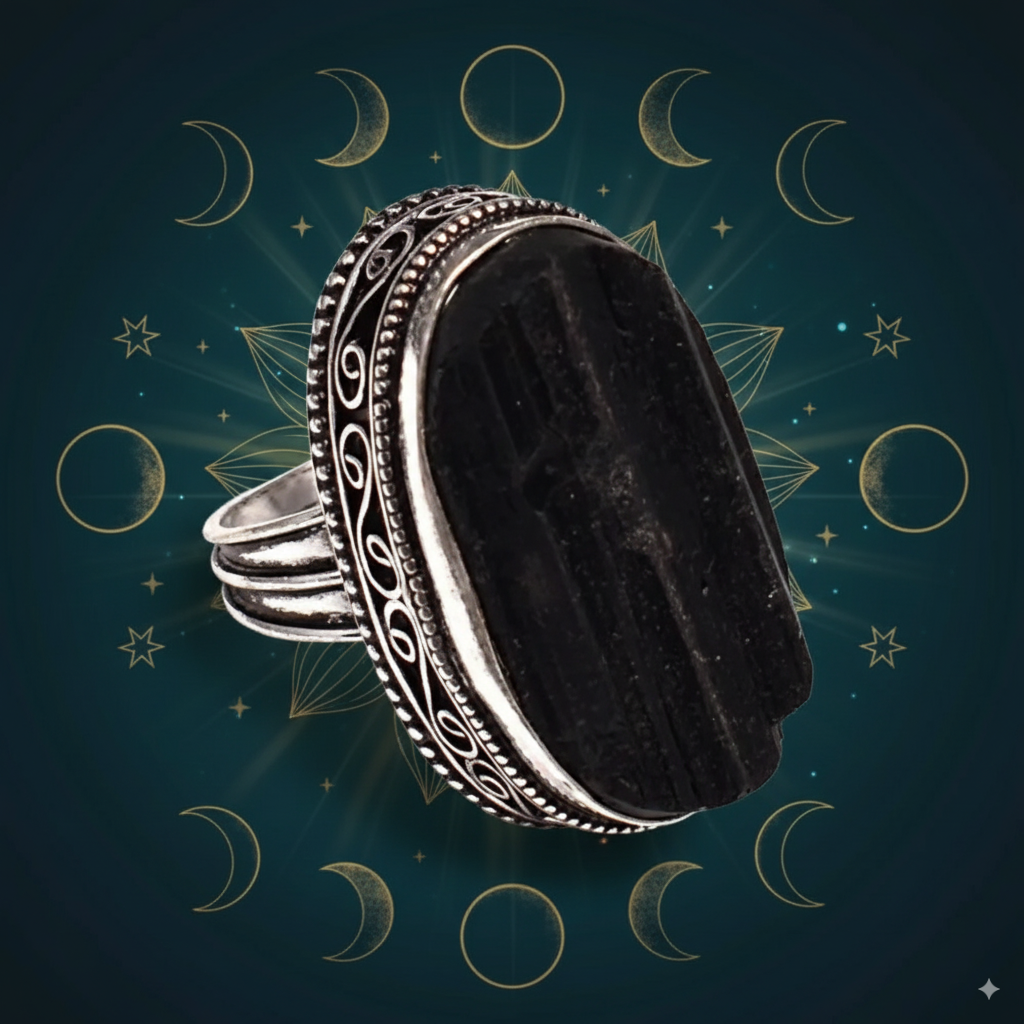 Black Tourmaline Sterling Silver Ring – Grounding & Powerful Protection (Size 7.75)