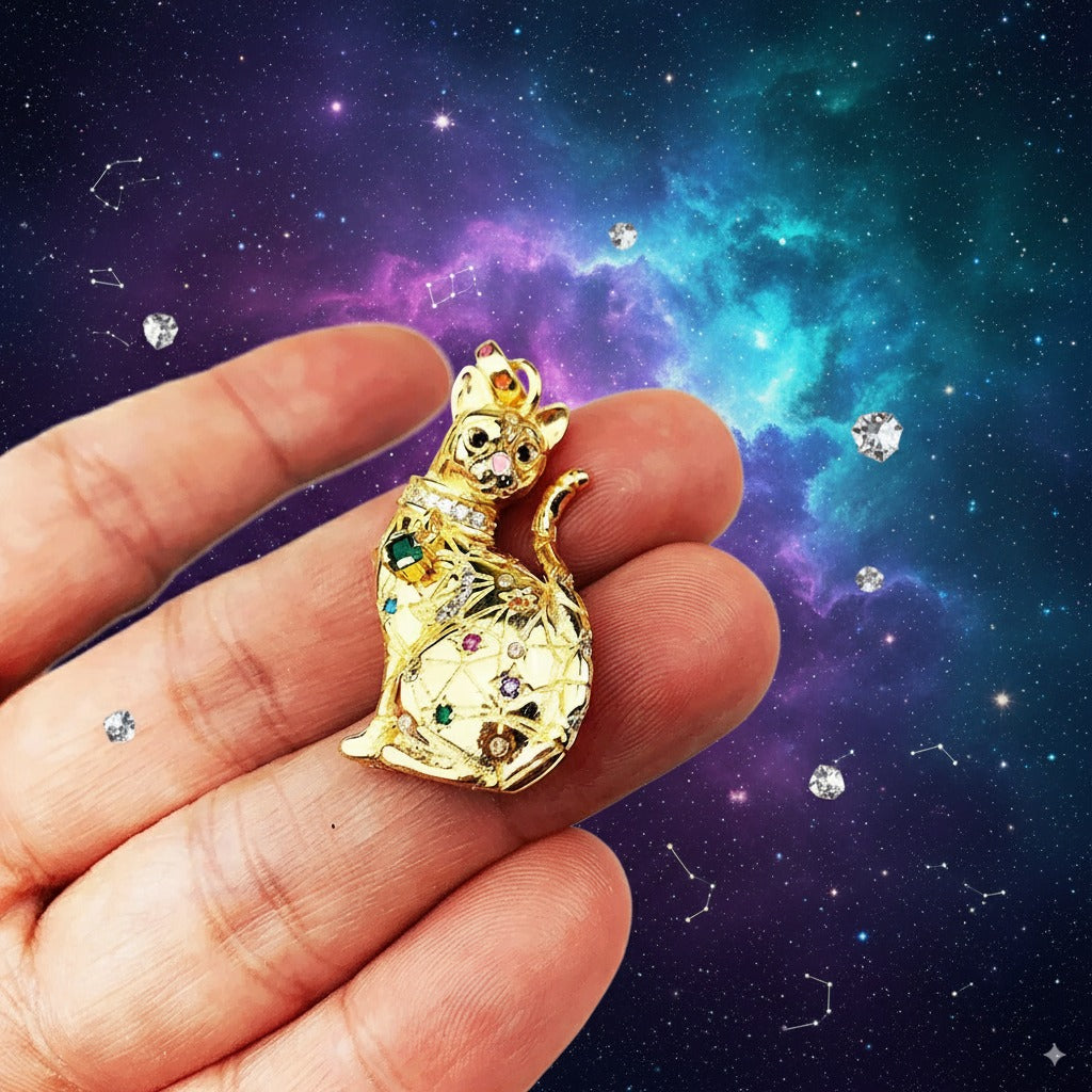 Celestial Cat Pendant – 925 Sterling Silver with Gold Finish & Multicolor Zircon