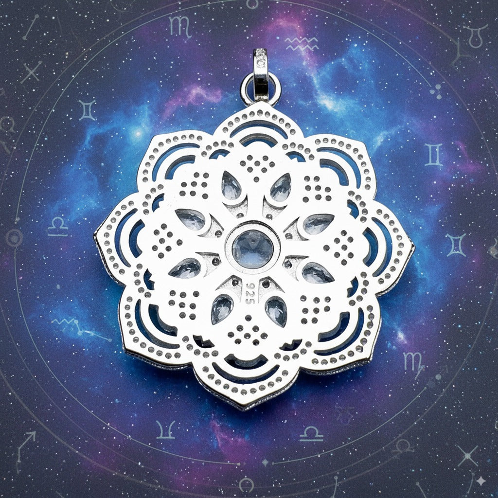 Lotus Flower Mandala Pendant – 925 Sterling Silver Talisman with Zircon for Purity, Healing & Spiritual Awakening