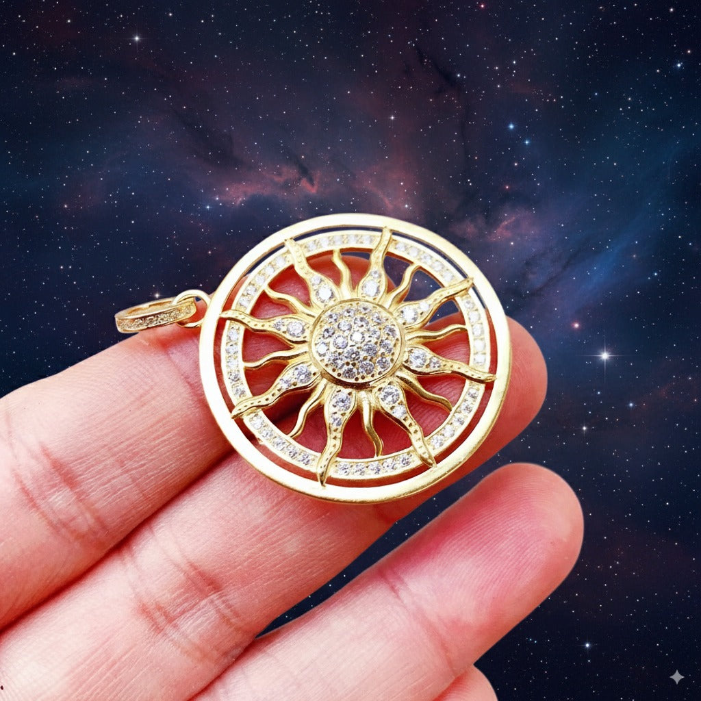 Golden Sun Manifestation Amulet – 925 Sterling Silver & Zircon Talisman for Energy, Protection & Vitality