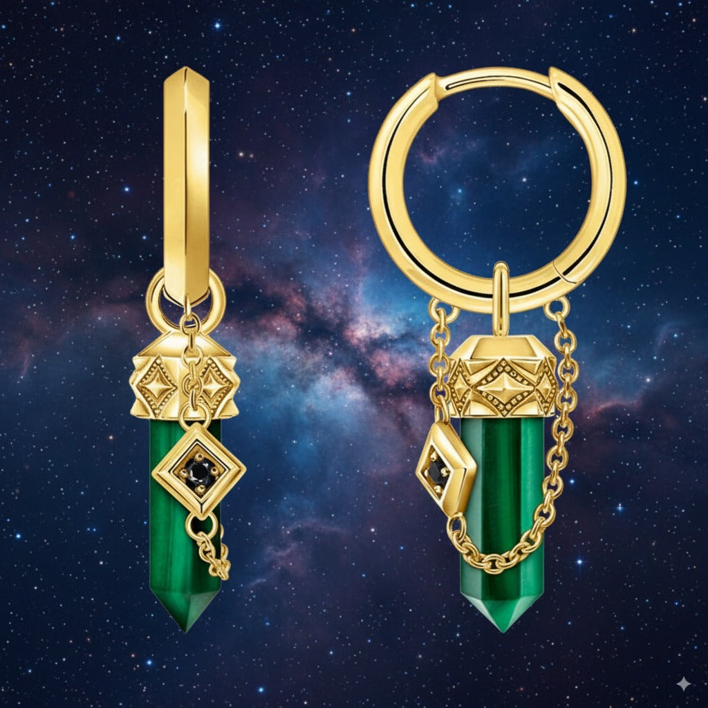 Green Malachite Hoop Earrings – 18K Gold-Plated 925 Sterling Silver with Black Zircon for Grounding & Emotional Healing
