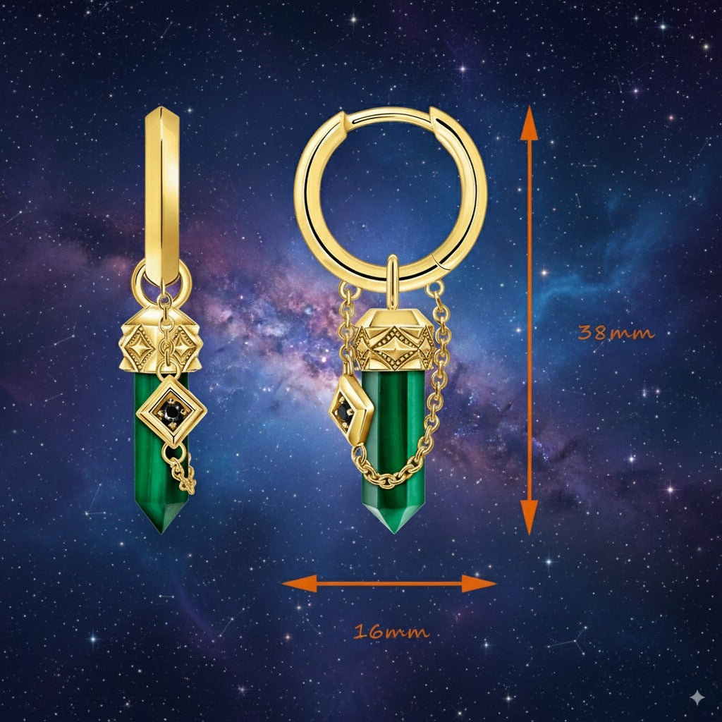 Green Malachite Hoop Earrings – 18K Gold-Plated 925 Sterling Silver with Black Zircon for Grounding & Emotional Healing