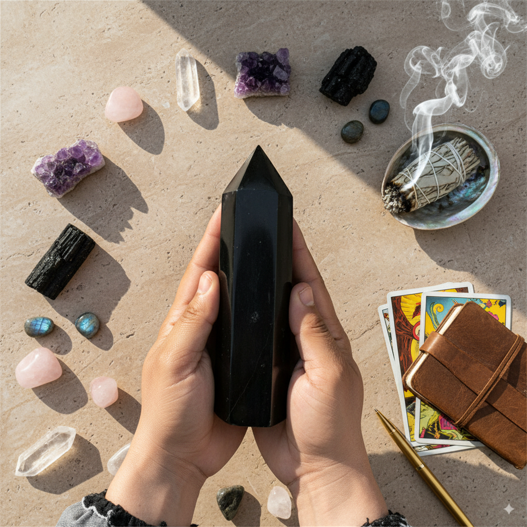 Natural Black Tourmaline Quartz Obelisk – Protection & Energy Cleansing Wand
