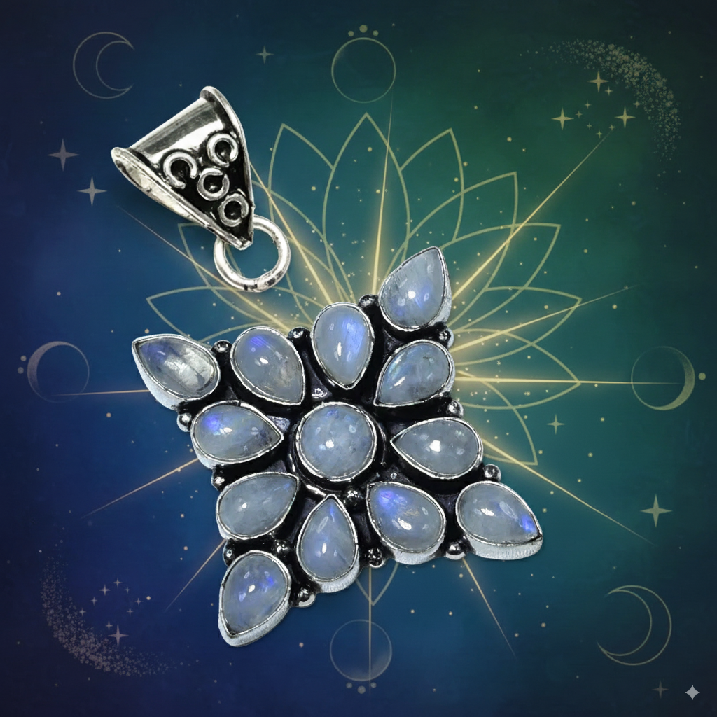 Blue Fire Moonstone Star Pendant – 60 mm Sterling Silver Amulet for Intuition, New Beginnings & Manifestation