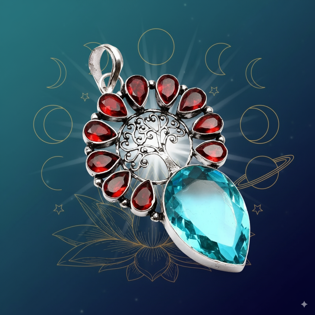 Tree of Life Blue Topaz & Garnet Pendant – Protection, Prosperity & Renewal