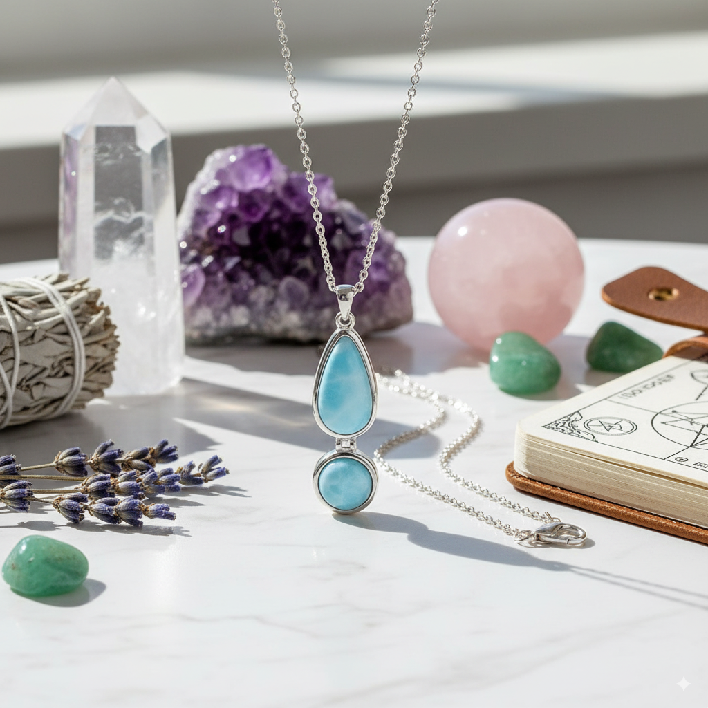 Mystic Ocean Larimar Drop Pendant – 925 Sterling Silver with Platinum Plating for Tranquility & Manifestation