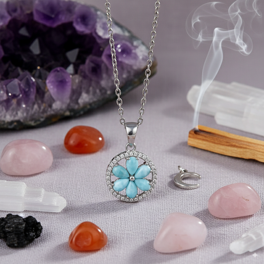 Celestial Bloom Larimar Flower Pendant – 925 Sterling Silver with Platinum Plating for Harmony & Manifestation