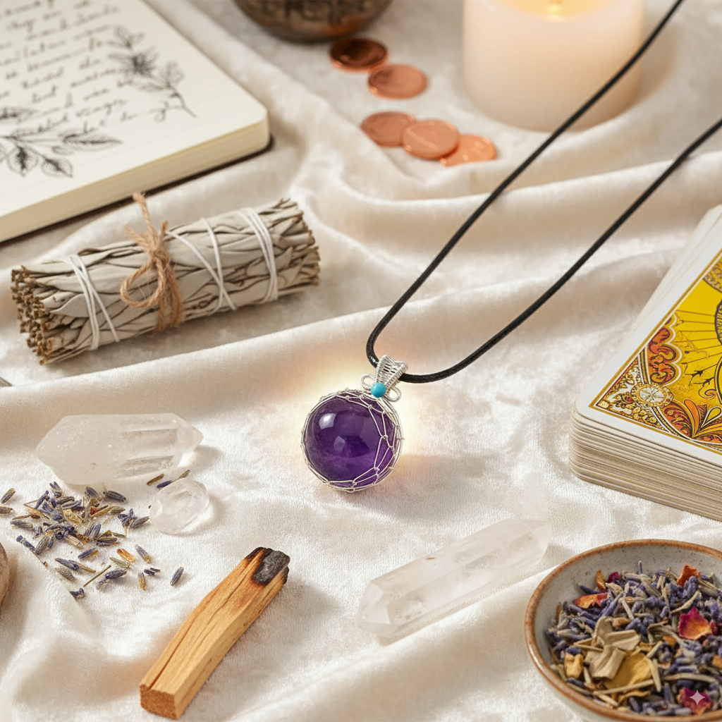 Amethyst Wire-Wrapped Crystal Pendant – Spiritual Protection & Calming Energy Necklace