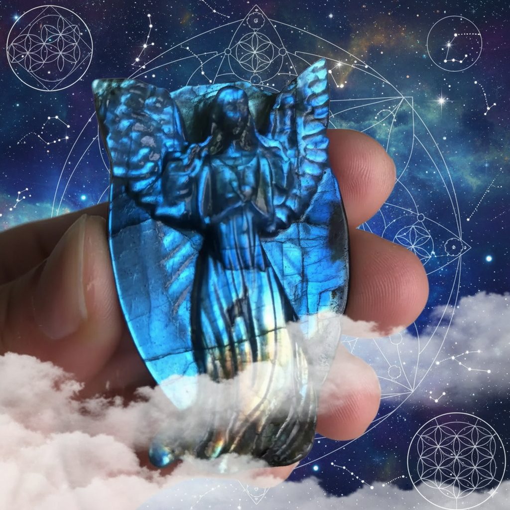 Natural Labradorite Hand-Carved Angel – 40 mm Pocket Guardian of Light & Intuition