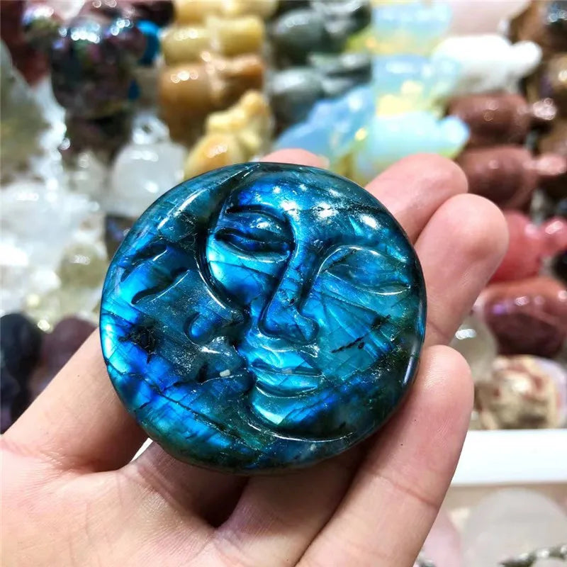 Labradorite Sun & Moon Palm Stone – Hand Carved Natural Blue Flash Crystal for Protection & Spiritual Awakening