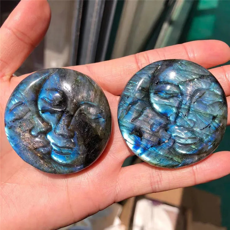 Labradorite Sun & Moon Palm Stone – Hand Carved Natural Blue Flash Crystal for Protection & Spiritual Awakening
