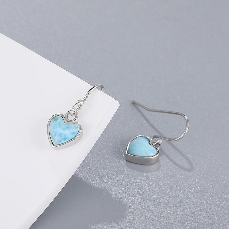 Larimar Heart Drop Earrings – 925 Sterling Silver with Platinum Plating for Love, Calm & Manifestation