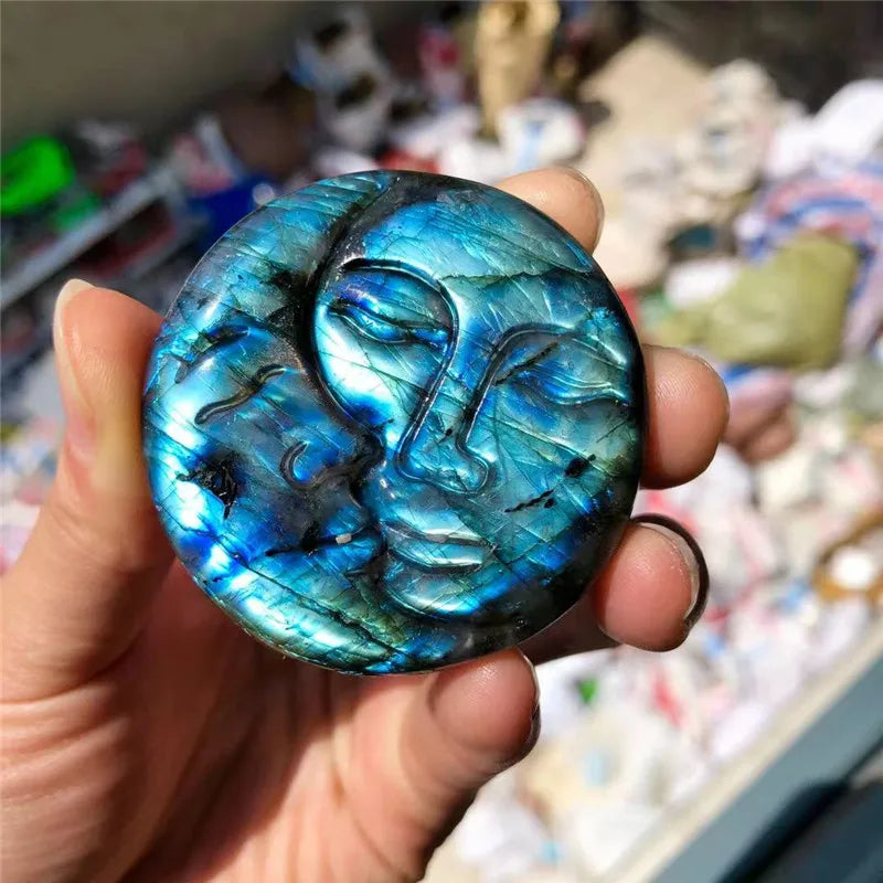 Labradorite Sun & Moon Palm Stone – Hand Carved Natural Blue Flash Crystal for Protection & Spiritual Awakening