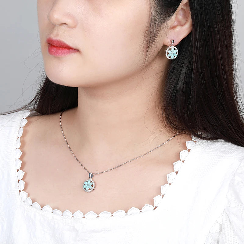 Celestial Bloom Larimar Flower Pendant – 925 Sterling Silver with Platinum Plating for Harmony & Manifestation