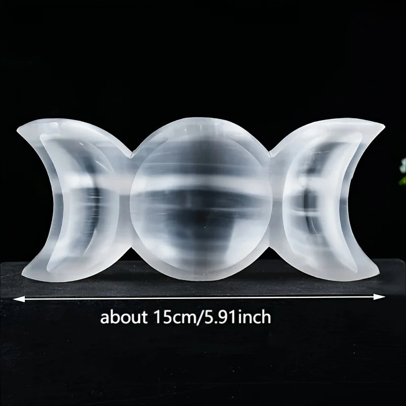 🌙 Selenite Moon Goddess Triple Moon Bowl – Crystal Altar Dish for Witchcraft, Divination & Home Décor