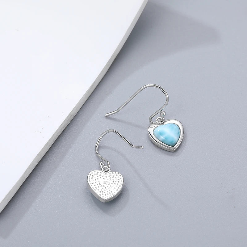Larimar Heart Drop Earrings – 925 Sterling Silver with Platinum Plating for Love, Calm & Manifestation