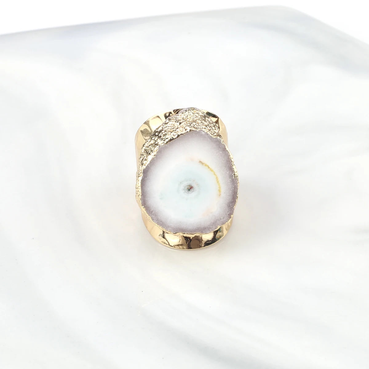 Natural Agate Stone Adjustable Ring – Irregular Crystal Druse with Gold Wrap (Healing Jewelry)