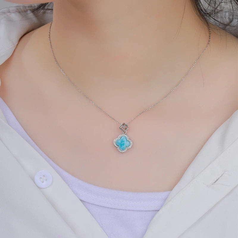 Ocean Aura Larimar Clover Pendant – 925 Sterling Silver with Platinum Plating for Luck & Manifestation