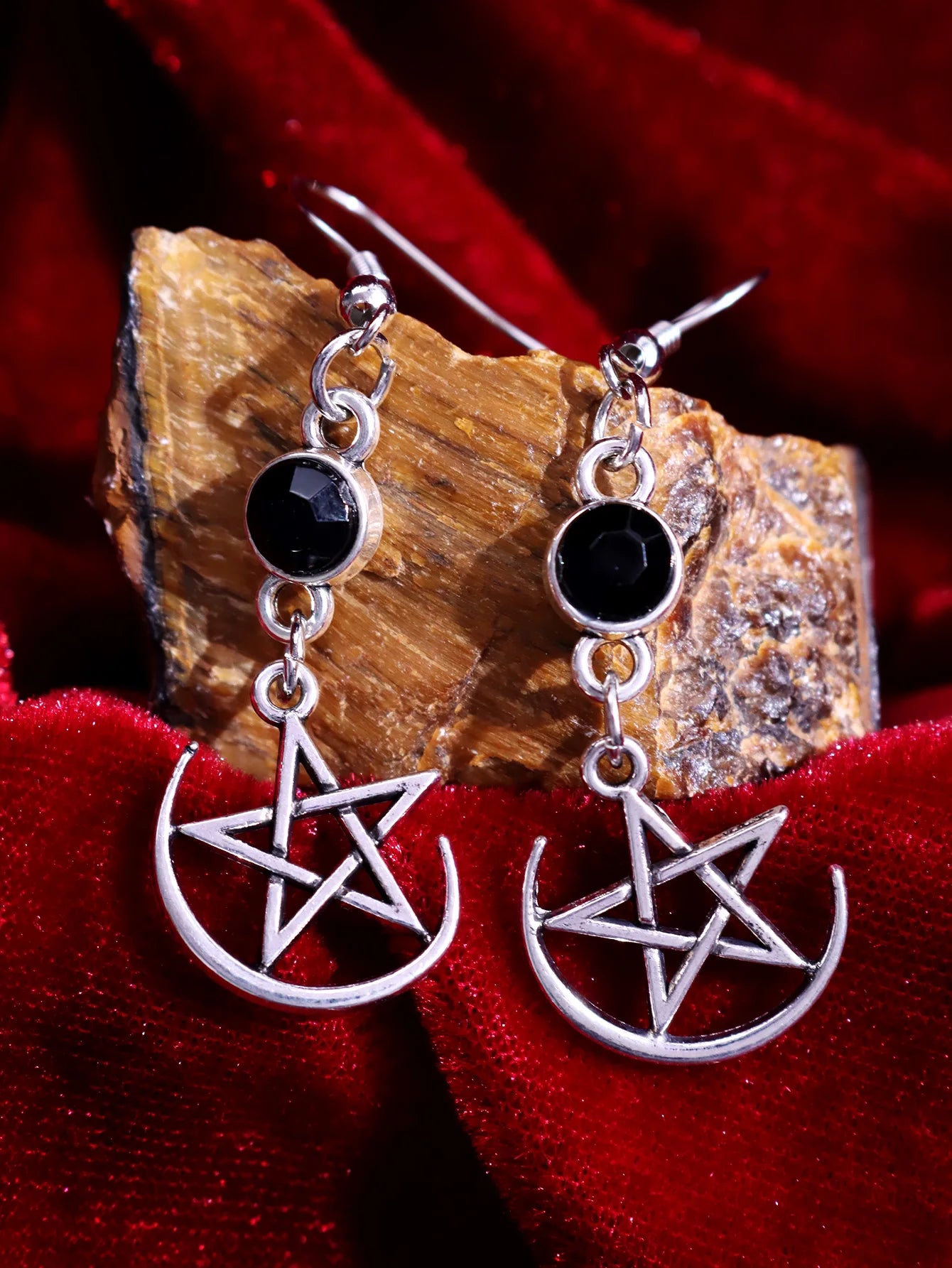 Witchy Pentagram Drop Earrings – Occult Moon, Cross & Star