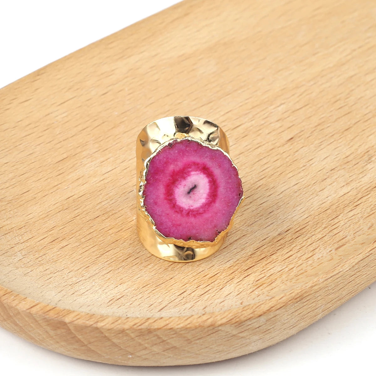 Natural Agate Stone Adjustable Ring – Irregular Crystal Druse with Gold Wrap (Healing Jewelry)