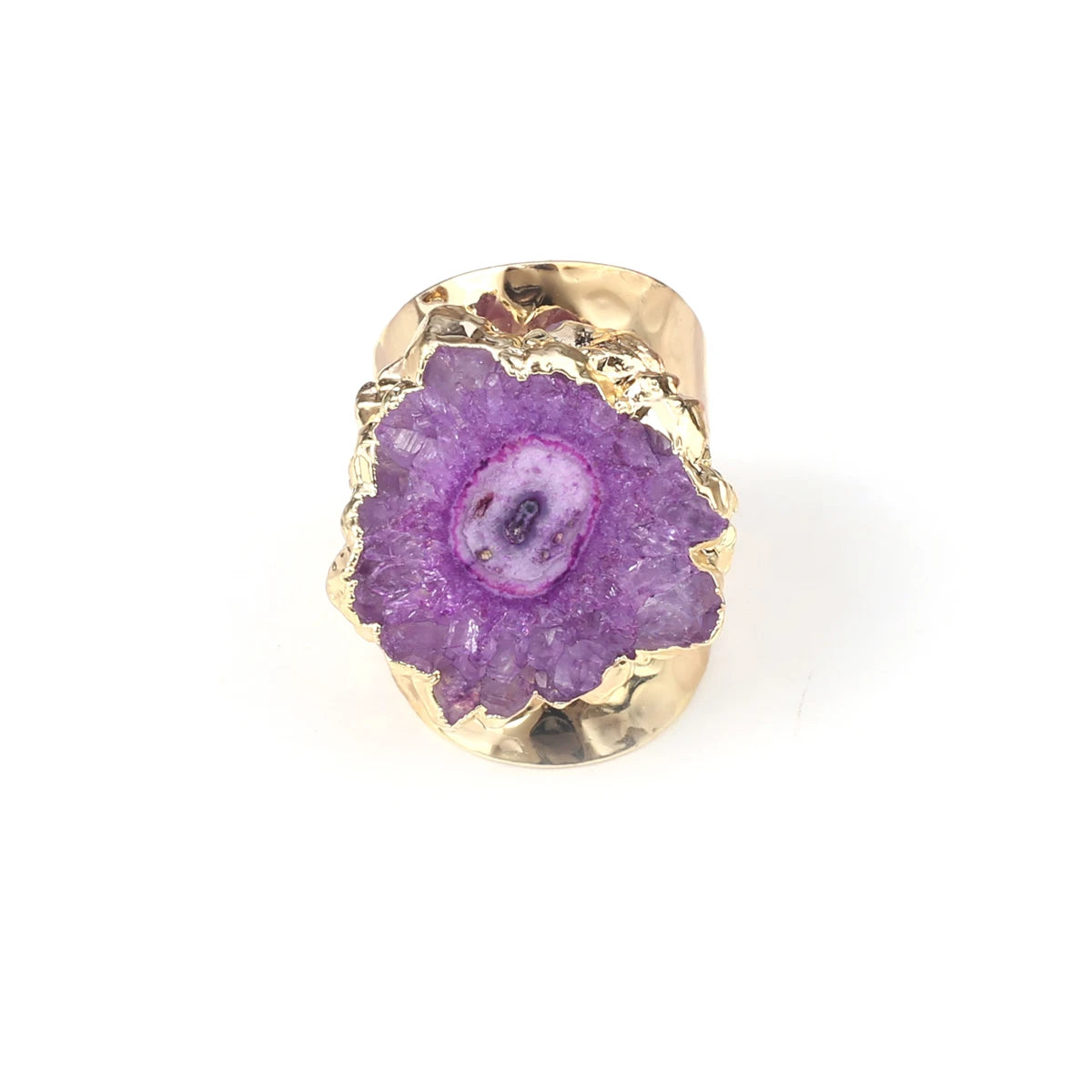 Natural Agate Stone Adjustable Ring – Irregular Crystal Druse with Gold Wrap (Healing Jewelry)