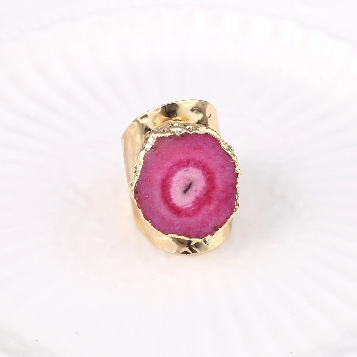 Natural Agate Stone Adjustable Ring – Irregular Crystal Druse with Gold Wrap (Healing Jewelry)