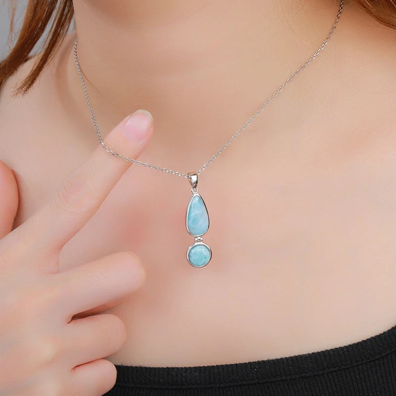 Mystic Ocean Larimar Drop Pendant – 925 Sterling Silver with Platinum Plating for Tranquility & Manifestation