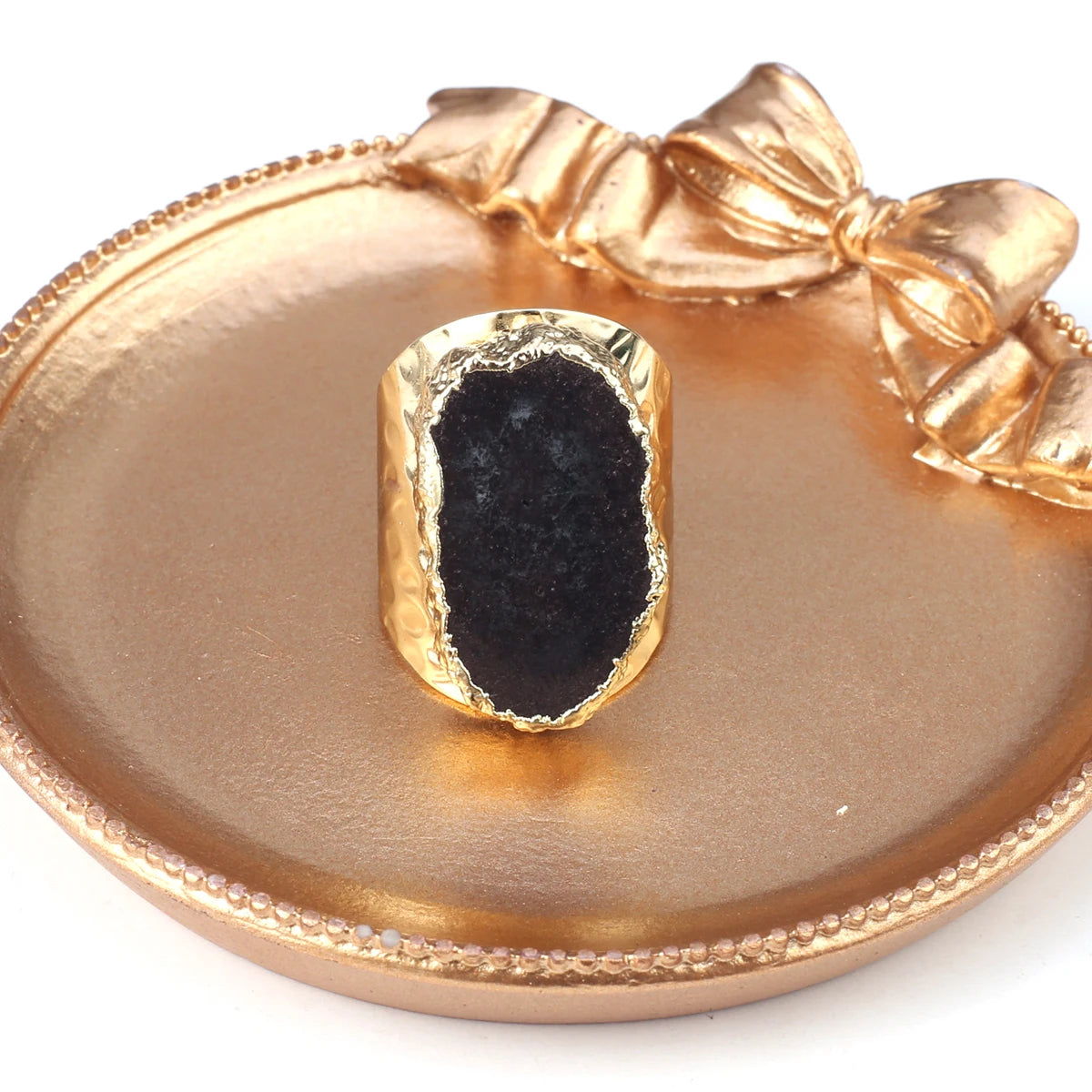 Natural Agate Stone Adjustable Ring – Irregular Crystal Druse with Gold Wrap (Healing Jewelry)