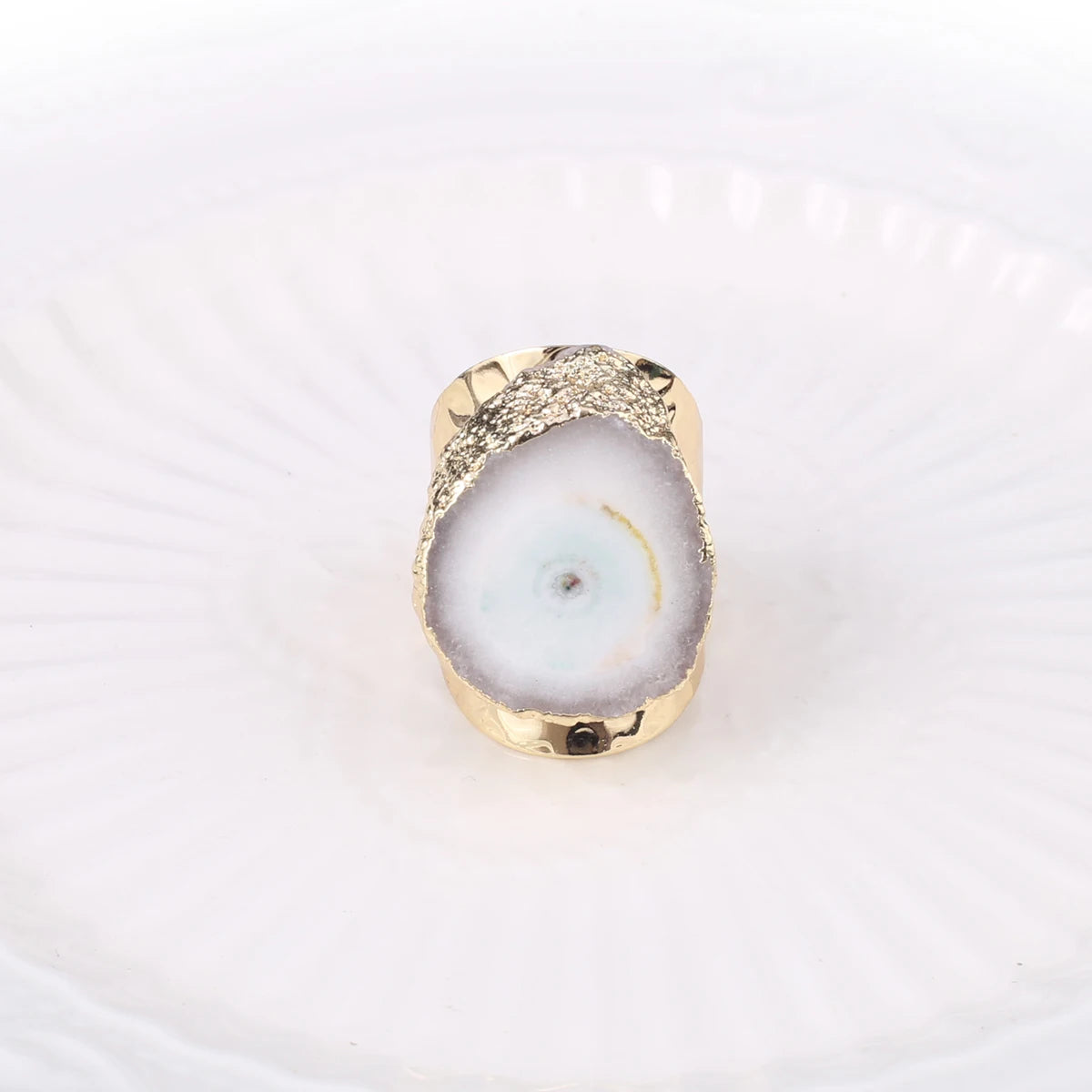 Natural Agate Stone Adjustable Ring – Irregular Crystal Druse with Gold Wrap (Healing Jewelry)
