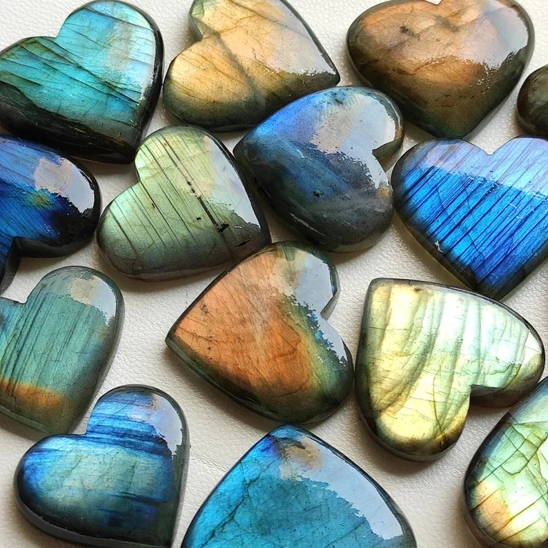 2pcs Flashy Labradorite Heart Set – Polished Crystal for Healing, Protection & Intuition (Flatback Stones)