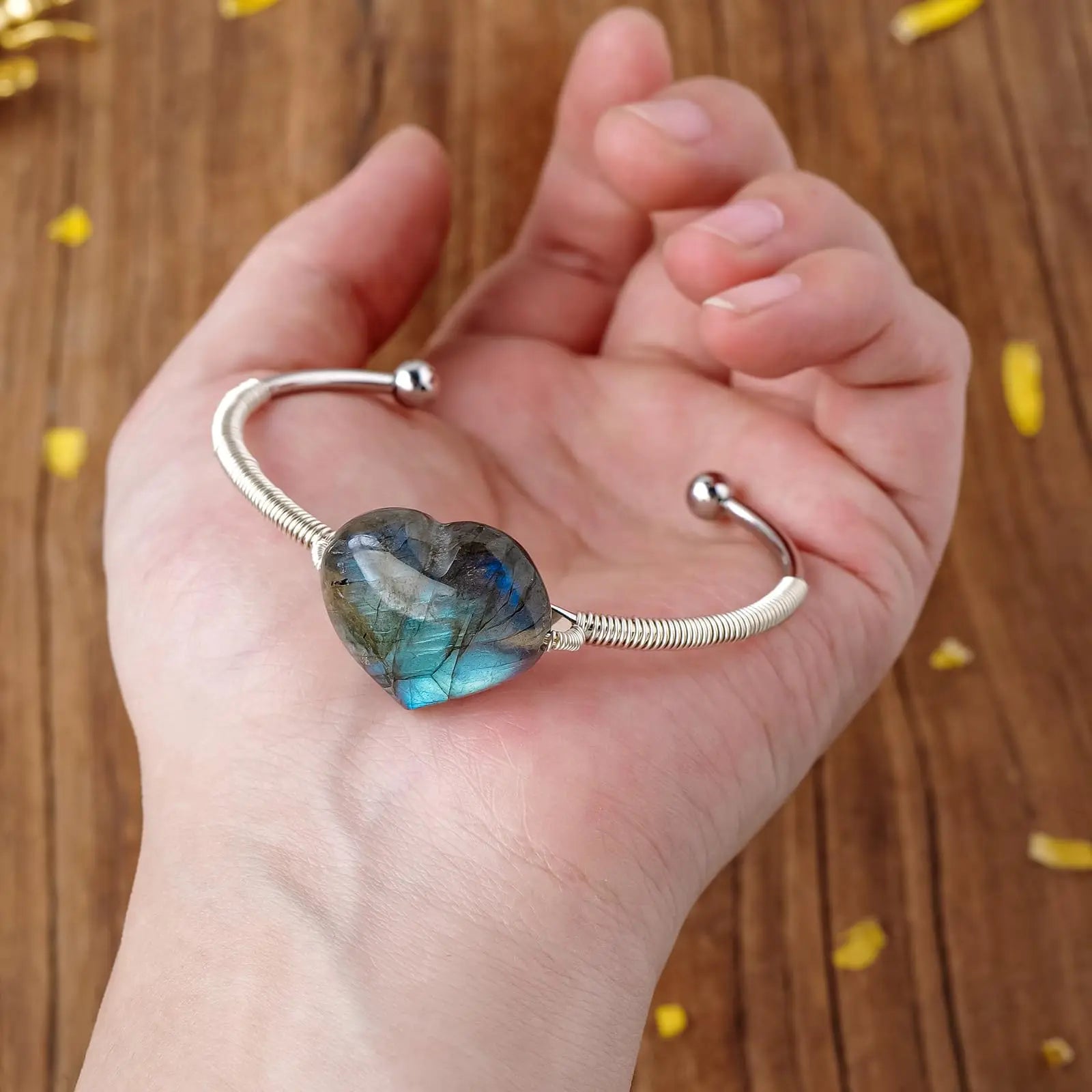 Labradorite Heart Crystal Bangle – Manifest Protection, Intuition & Transformation Bracelet