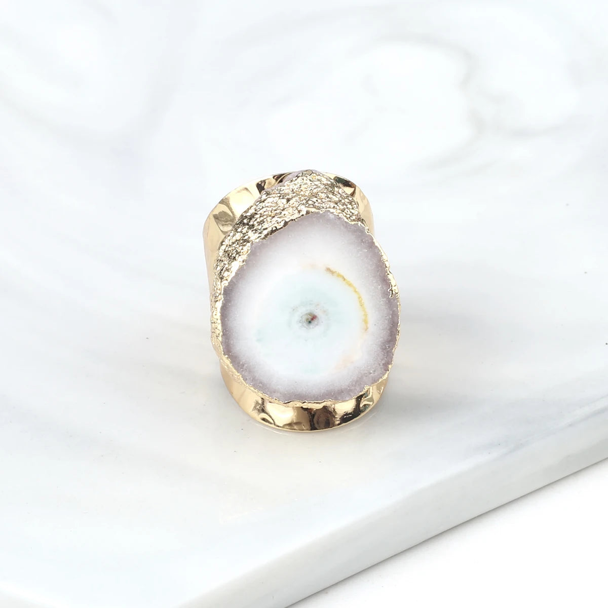 Natural Agate Stone Adjustable Ring – Irregular Crystal Druse with Gold Wrap (Healing Jewelry)