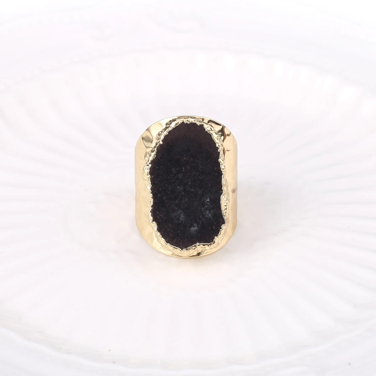 Natural Agate Stone Adjustable Ring – Irregular Crystal Druse with Gold Wrap (Healing Jewelry)