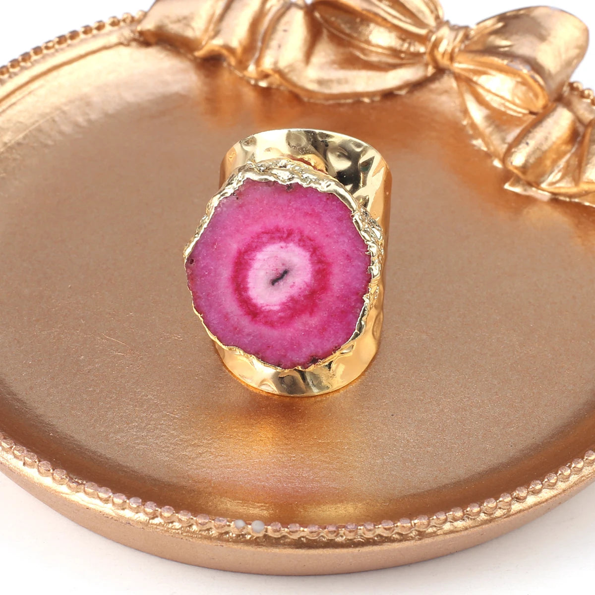Natural Agate Stone Adjustable Ring – Irregular Crystal Druse with Gold Wrap (Healing Jewelry)
