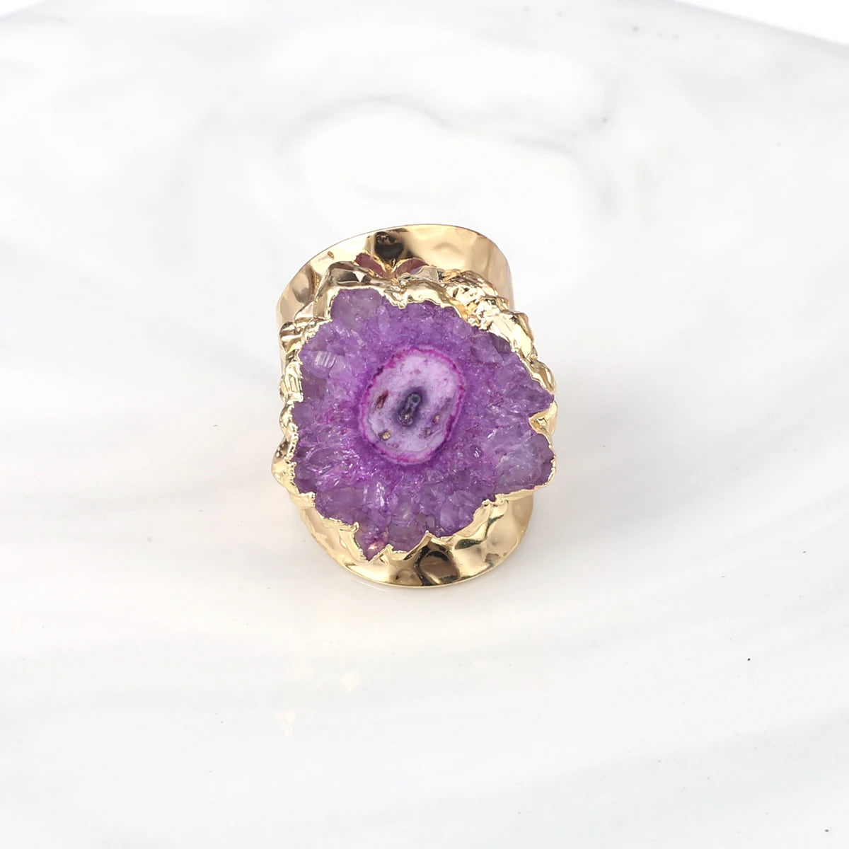 Natural Agate Stone Adjustable Ring – Irregular Crystal Druse with Gold Wrap (Healing Jewelry)