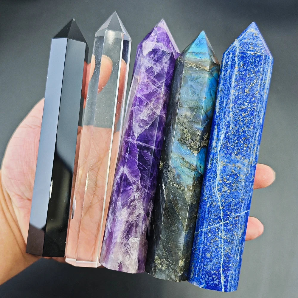 15cm Natural Crystal Tower – Amethyst, Lapis Lazuli, Labradorite & Obsidian Hexagonal Prism Wand