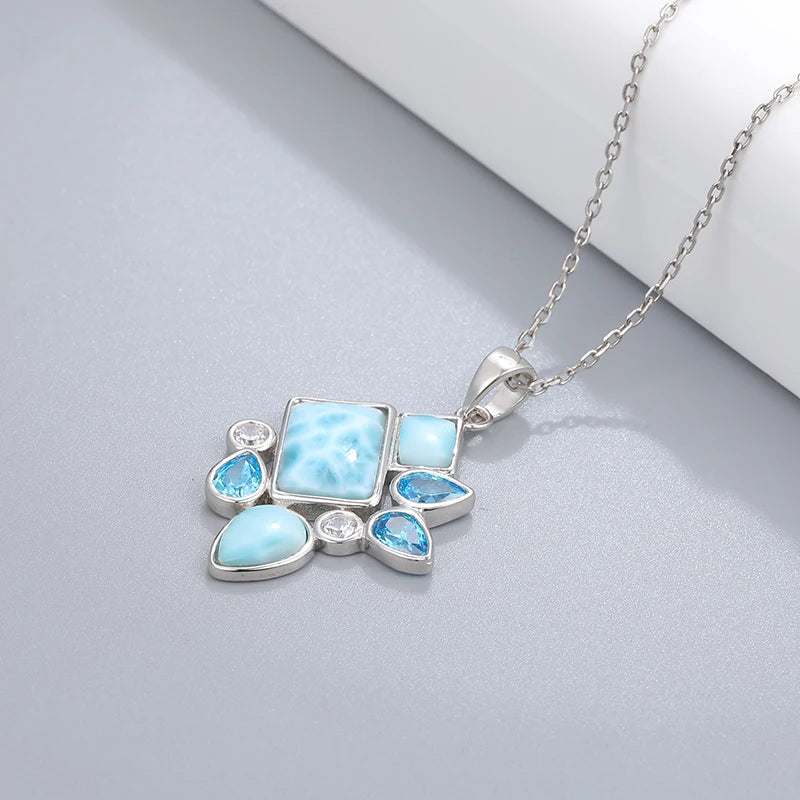 Mystic Tides Larimar Geometry Pendant – 925 Sterling Silver with Platinum Plating for Balance & Manifestation