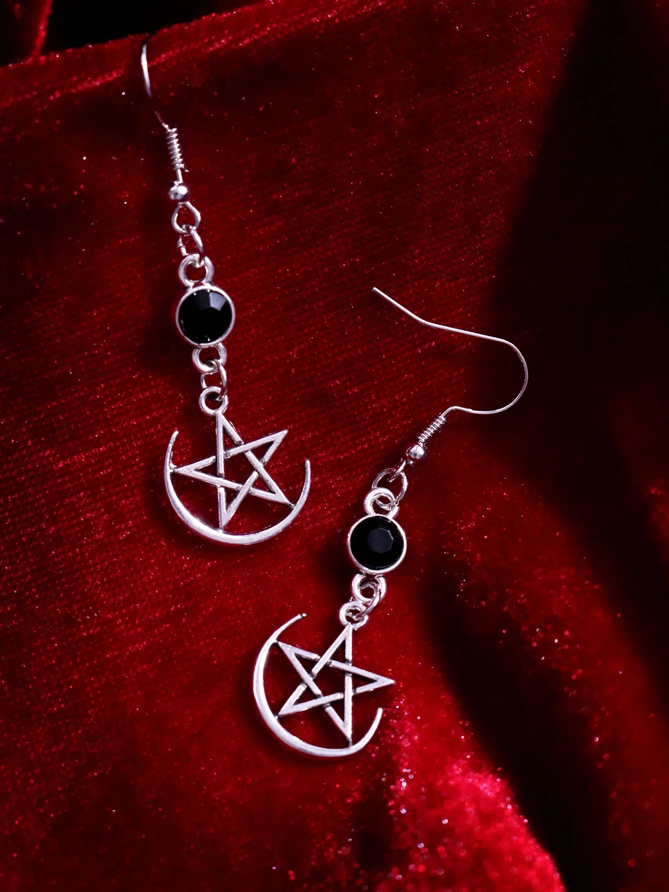 Witchy Pentagram Drop Earrings – Occult Moon, Cross & Star