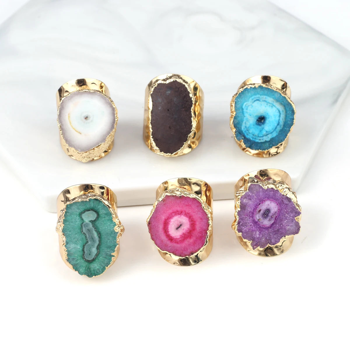 Natural Agate Stone Adjustable Ring – Irregular Crystal Druse with Gold Wrap (Healing Jewelry)