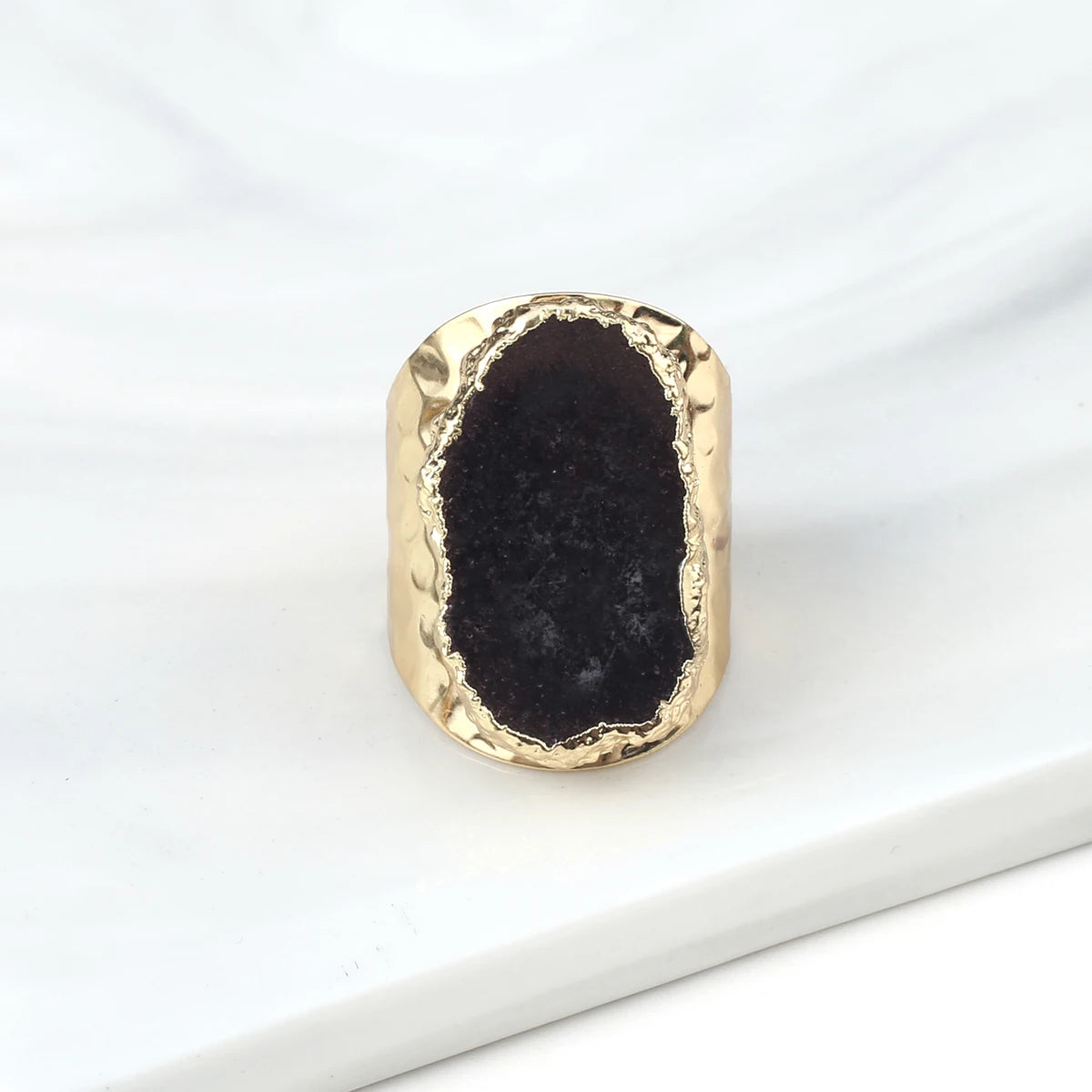 Natural Agate Stone Adjustable Ring – Irregular Crystal Druse with Gold Wrap (Healing Jewelry)