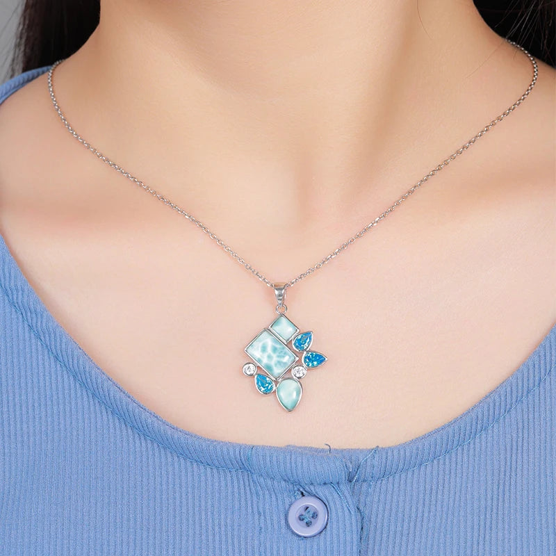 Mystic Tides Larimar Geometry Pendant – 925 Sterling Silver with Platinum Plating for Balance & Manifestation