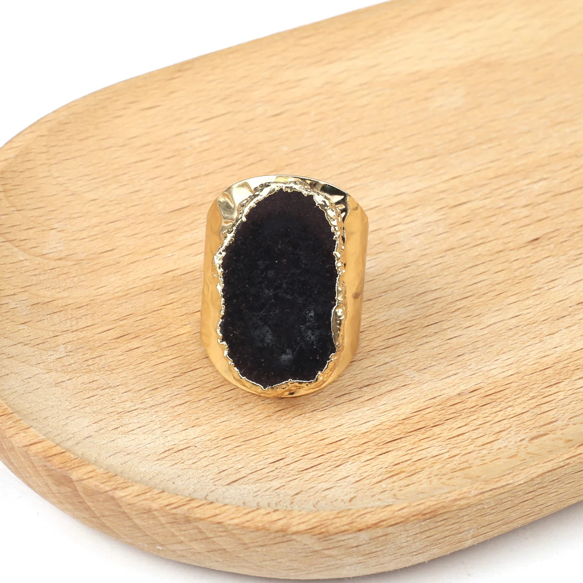 Natural Agate Stone Adjustable Ring – Irregular Crystal Druse with Gold Wrap (Healing Jewelry)