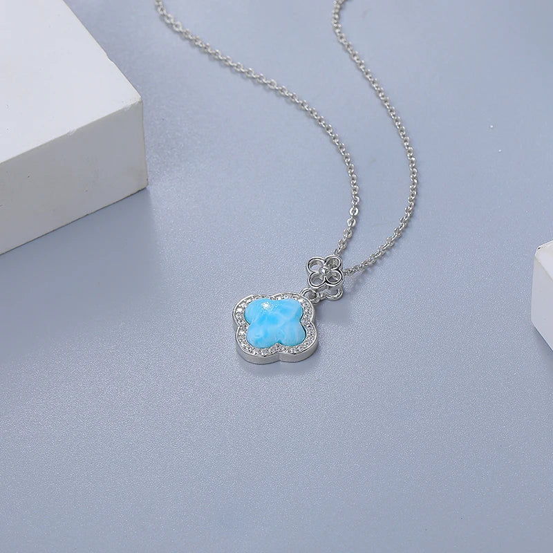 Ocean Aura Larimar Clover Pendant – 925 Sterling Silver with Platinum Plating for Luck & Manifestation