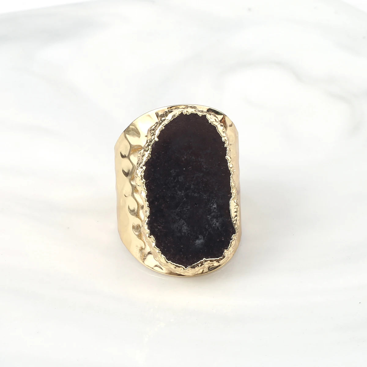 Natural Agate Stone Adjustable Ring – Irregular Crystal Druse with Gold Wrap (Healing Jewelry)