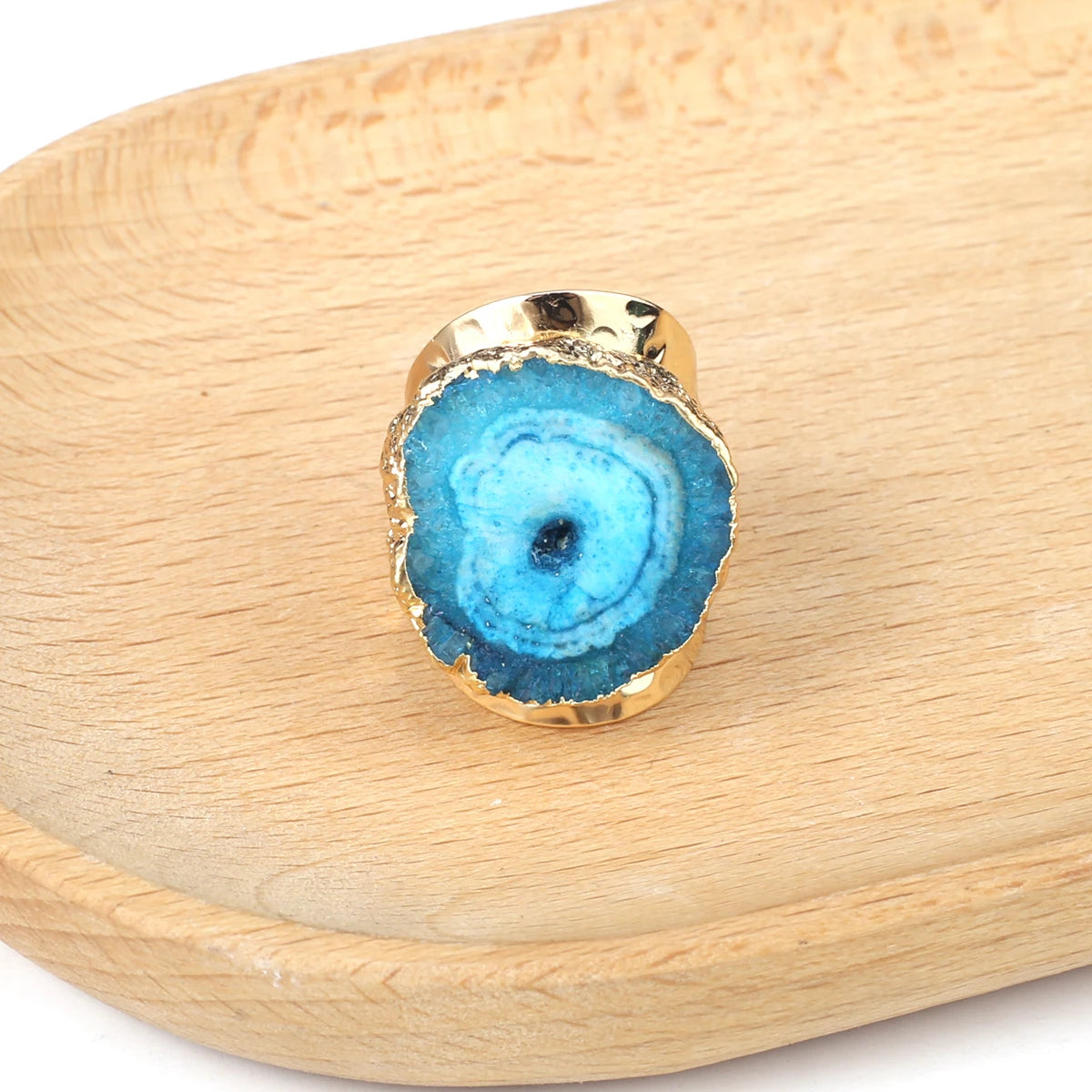 Natural Agate Stone Adjustable Ring – Irregular Crystal Druse with Gold Wrap (Healing Jewelry)