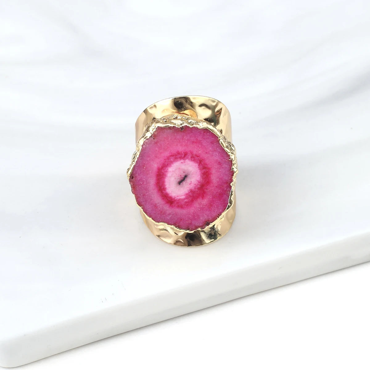 Natural Agate Stone Adjustable Ring – Irregular Crystal Druse with Gold Wrap (Healing Jewelry)