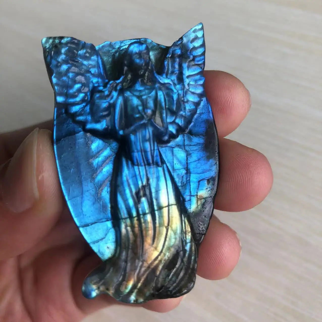 Natural Labradorite Hand-Carved Angel – 40 mm Pocket Guardian of Light & Intuition