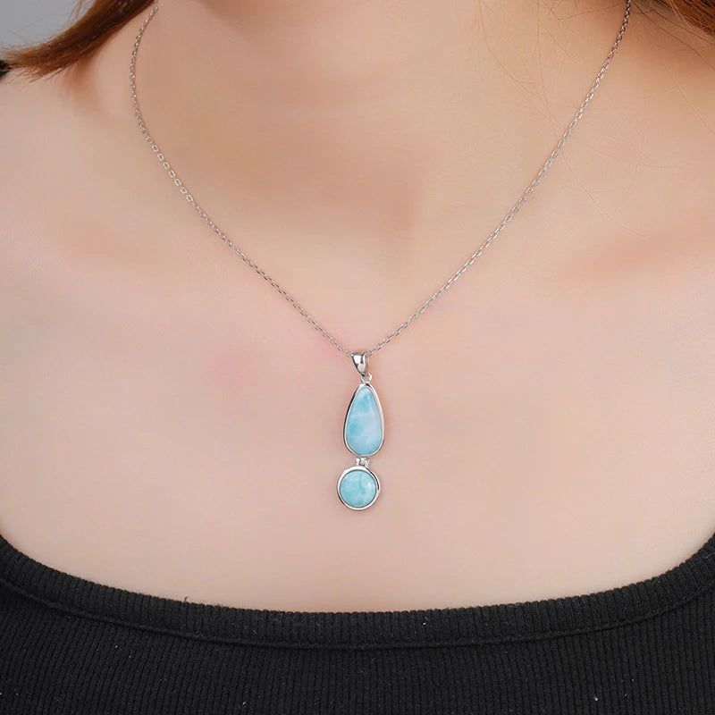 Mystic Ocean Larimar Drop Pendant – 925 Sterling Silver with Platinum Plating for Tranquility & Manifestation